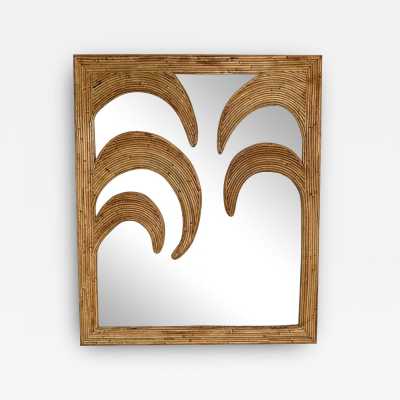 Large Rattan Palm Tree Mirror by Vivai Del Sud. Italy 1970. Original publisher's label on the back. in the style of Maison Arpex International, Dal Vera, Renato Zevi, Romeo Rega, Maison Jansen brass palm tree, Mario Sabot. mid-century modern space age hollywood regency wood metal stainless steel palm tree lamp and floor lamp