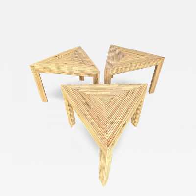 Set of 3 rattan coffee tables or side tables by Vivai Del Sud. Italy 1970. Original label from the publisher. in the style of Maison Arpex International, Dal Vera, Renato Zevi, Romeo Rega, Maison Jansen brass palm tree, Mario Sabot. mid-century modern space age bamboo wood metal brass stainless steel palm tree lamp and floor lamp
