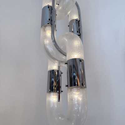Chandelier suspension pendant lightning chain in Murano glass and chromed metal by Aldo Nason for Mazzega. Italy 1970s. in the style of Venini, Vistosi, La Murrina, Seguso, Carlo Nason, Poliarte, Esperia, Angelo Brotto, Stilnovo, Arteluce, Arredoluce, Artemide, Pierre Cardin, Lumi, Luci, Raak, Angelo Lelii, Francesco Bocola, Superstudio, Enrico Tronconi , Mario Bellini, Harvey Guzzini, Luigi Massoni, Martinelli, Fabio Lenci, Gio Ponti. brass stainless steel mid-century modern space age lamps sconces