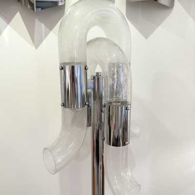 Chrome Metal and Murano Glass Chain Floor Lamp by Aldo Nason for Mazzega. Italy 1970. in the style of Carlo Nason, Venini, Vistosi, La Murrina, Hollywood Regency, Poliarte, Stilnovo, Arteluce, Artemide, Esperia, Veronese. lamp chandelier sconces brass pendant lightning italy 1980 1960 mid-century modern space age