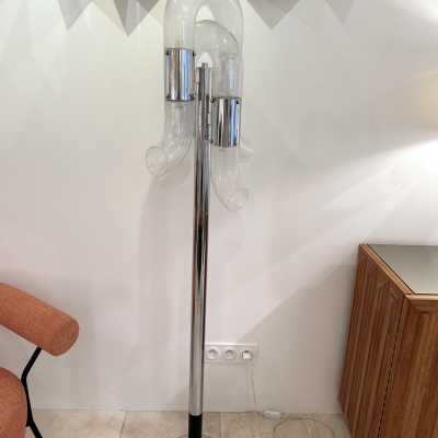 Chrome Metal and Murano Glass Chain Floor Lamp by Aldo Nason for Mazzega. Italy 1970. in the style of Carlo Nason, Venini, Vistosi, La Murrina, Hollywood Regency, Poliarte, Stilnovo, Arteluce, Artemide, Esperia, Veronese. lamp chandelier sconces brass pendant lightning italy 1980 1960 mid-century modern space age
