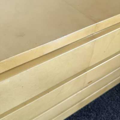 Chest of drawers in parchment and brass by Aldo Tura. Italy 1970. in the style of Renato Zevi, Romeo Rega, Maison Jansen, Willy Rizzo, Mario Sabot, Maison et Jardin Gallery, Dal Vera. goatskin mid-century modern metal inox lacquer wood coffee table end tables console