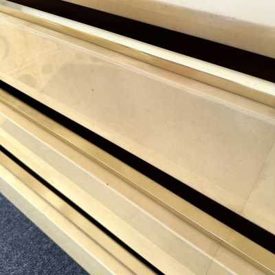 Chest of drawers in parchment and brass by Aldo Tura. Italy 1970. in the style of Renato Zevi, Romeo Rega, Maison Jansen, Willy Rizzo, Mario Sabot, Maison et Jardin Gallery, Dal Vera. goatskin mid-century modern metal inox lacquer wood coffee table end tables console