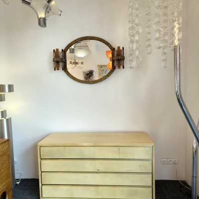Chest of drawers in parchment and brass by Aldo Tura. Italy 1970. in the style of Renato Zevi, Romeo Rega, Maison Jansen, Willy Rizzo, Mario Sabot, Maison et Jardin Gallery, Dal Vera. goatskin mid-century modern metal inox lacquer wood coffee table end tables console