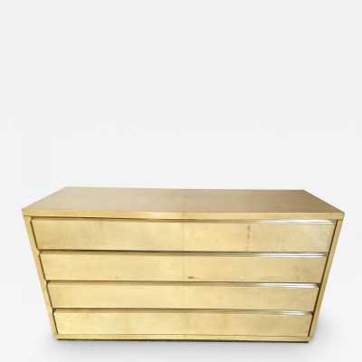 Chest of drawers in parchment and brass by Aldo Tura. Italy 1970. in the style of Renato Zevi, Romeo Rega, Maison Jansen, Willy Rizzo, Mario Sabot, Maison et Jardin Gallery, Dal Vera. goatskin mid-century modern metal inox lacquer wood coffee table end tables console