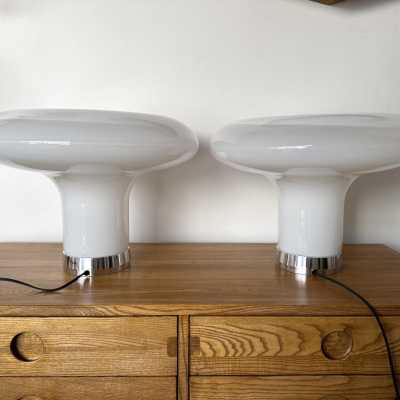 Pair of Lesbo lamps in Murano glass and metal by Angelo Mangiarotti for Artemide. Italy 1970. in the style of Venini, Vistosi, La Murrina, Seguso, Aldo Carlo Nason, Poliarte, Esperia, Angelo Brotto, Stilnovo, Arteluce, Arredoluce, Mazzega, Pierre Cardin, Lumi, Luci, Raak, Angelo Lelii, Francesco Bocola, Superstudio, Enrico Tronconi, Mario Bellini, Harvey Guzzini, Luigi Massoni, Martinelli, Fabio Lenci, Gio Ponti. mid-century modern space age brass italy