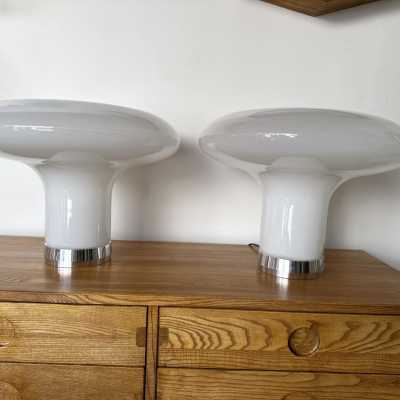 Pair of Lesbo lamps in Murano glass and metal by Angelo Mangiarotti for Artemide. Italy 1970. in the style of Venini, Vistosi, La Murrina, Seguso, Aldo Carlo Nason, Poliarte, Esperia, Angelo Brotto, Stilnovo, Arteluce, Arredoluce, Mazzega, Pierre Cardin, Lumi, Luci, Raak, Angelo Lelii, Francesco Bocola, Superstudio, Enrico Tronconi, Mario Bellini, Harvey Guzzini, Luigi Massoni, Martinelli, Fabio Lenci, Gio Ponti. mid-century modern space age brass italy