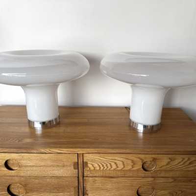 Pair of Lesbo lamps in Murano glass and metal by Angelo Mangiarotti for Artemide. Italy 1970. in the style of Venini, Vistosi, La Murrina, Seguso, Aldo Carlo Nason, Poliarte, Esperia, Angelo Brotto, Stilnovo, Arteluce, Arredoluce, Mazzega, Pierre Cardin, Lumi, Luci, Raak, Angelo Lelii, Francesco Bocola, Superstudio, Enrico Tronconi, Mario Bellini, Harvey Guzzini, Luigi Massoni, Martinelli, Fabio Lenci, Gio Ponti. mid-century modern space age brass italy