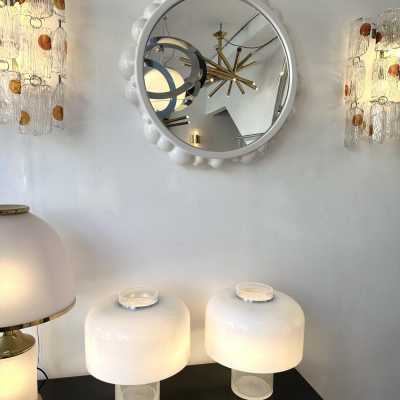 Pair of ceramic Atomo bubble mirrors by Antonio Cagianelli. Italy 2015. the artist is kept at the Museum of Decorative Arts in Paris. brass metal stainless steel wood mid-century modern space age