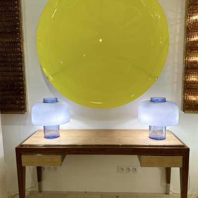 Pair of model LT226 lamps in blue Murano glass by Carlo Nason for Mazzega. Italy 1970. in the style of Venini, Vistosi, La Murrina, Seguso, Aldo Nason, Poliarte, Esperia, Angelo Brotto, Stilnovo, Arteluce, Arredoluce, Artemide, Pierre Cardin, Lumi, Luci, Raak, Angelo Lelii, Francesco Bocola, Superstudio , Enrico Tronconi, Mario Bellini, Harvey Guzzini, Luigi Massoni, Martinelli, Fabio Lenci, Gio Ponti. chandelier sconces mid-century modern space age brass metal italy