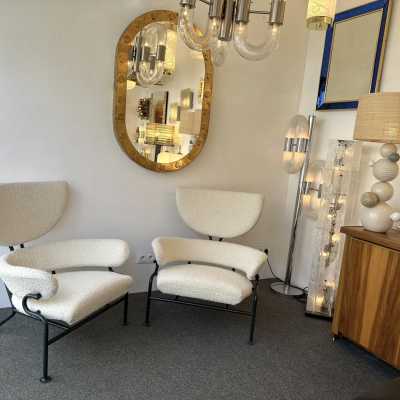 Pair of PL19 armchairs in lacquered metal and bouclé fabrics by Franco Albini for Poggi. Italy 1960. in the style of Gio Ponti, Gianfranco Frattini, Cassina, Osvaldo Borsani, Joe Colombo, Vico Magistretti, Luisa Parisi, Mario Bellini, Tito Agnoli, Afra Tobia Carlo Scarpa, Luciano Frigerio, Sporiti, Marco Zanuso, Giulio Moscatelli, Formanova . slipper chairs brass stainless steel mid-century modern space age italy 1950 1970