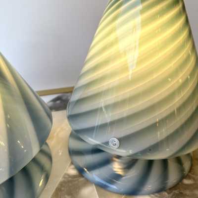 Pair of blue Murano glass lamps by La Murrina. Italy 1970. Stamped with the stamp of the manufacture. in the style of Venini, Vistosi, Mazzega Aldo Carlo Nason, Stilnovo, Joe Colombo, Arteluce, Arredoluce, Lumi, Luci, Rggiani, Sciolari, Werner Pantone, Luigi Colani, Raak, Angelo Lelii, Angelo Brotto, Esperia chandelier sconces brass 1980 mid -century modern space age metal stainless wood