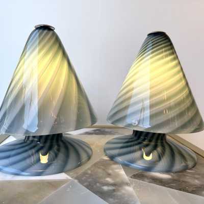 Pair of blue Murano glass lamps by La Murrina. Italy 1970. Stamped with the stamp of the manufacture. in the style of Venini, Vistosi, Mazzega Aldo Carlo Nason, Stilnovo, Joe Colombo, Arteluce, Arredoluce, Lumi, Luci, Rggiani, Sciolari, Werner Pantone, Luigi Colani, Raak, Angelo Lelii, Angelo Brotto, Esperia chandelier sconces brass 1980 mid -century modern space age metal stainless wood