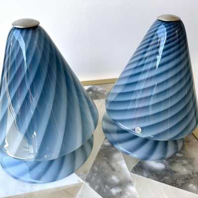 Pair of blue Murano glass lamps by La Murrina. Italy 1970. Stamped with the stamp of the manufacture. in the style of Venini, Vistosi, Mazzega Aldo Carlo Nason, Stilnovo, Joe Colombo, Arteluce, Arredoluce, Lumi, Luci, Rggiani, Sciolari, Werner Pantone, Luigi Colani, Raak, Angelo Lelii, Angelo Brotto, Esperia chandelier sconces brass 1980 mid -century modern space age metal stainless wood