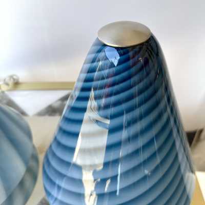 Pair of blue Murano glass lamps by La Murrina. Italy 1970. Stamped with the stamp of the manufacture. in the style of Venini, Vistosi, Mazzega Aldo Carlo Nason, Stilnovo, Joe Colombo, Arteluce, Arredoluce, Lumi, Luci, Rggiani, Sciolari, Werner Pantone, Luigi Colani, Raak, Angelo Lelii, Angelo Brotto, Esperia chandelier sconces brass 1980 mid -century modern space age metal stainless wood