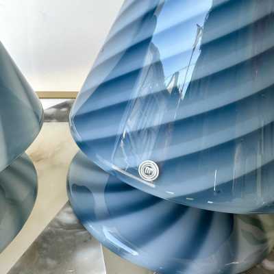 Pair of blue Murano glass lamps by La Murrina. Italy 1970. Stamped with the stamp of the manufacture. in the style of Venini, Vistosi, Mazzega Aldo Carlo Nason, Stilnovo, Joe Colombo, Arteluce, Arredoluce, Lumi, Luci, Rggiani, Sciolari, Werner Pantone, Luigi Colani, Raak, Angelo Lelii, Angelo Brotto, Esperia chandelier sconces brass 1980 mid -century modern space age metal stainless wood