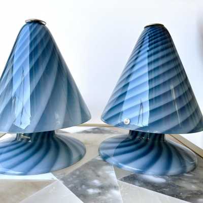 Pair of blue Murano glass lamps by La Murrina. Italy 1970. Stamped with the stamp of the manufacture. in the style of Venini, Vistosi, Mazzega Aldo Carlo Nason, Stilnovo, Joe Colombo, Arteluce, Arredoluce, Lumi, Luci, Rggiani, Sciolari, Werner Pantone, Luigi Colani, Raak, Angelo Lelii, Angelo Brotto, Esperia chandelier sconces brass 1980 mid -century modern space age metal stainless wood