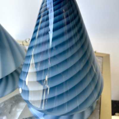 Pair of blue Murano glass lamps by La Murrina. Italy 1970. Stamped with the stamp of the manufacture. in the style of Venini, Vistosi, Mazzega Aldo Carlo Nason, Stilnovo, Joe Colombo, Arteluce, Arredoluce, Lumi, Luci, Rggiani, Sciolari, Werner Pantone, Luigi Colani, Raak, Angelo Lelii, Angelo Brotto, Esperia chandelier sconces brass 1980 mid -century modern space age metal stainless wood