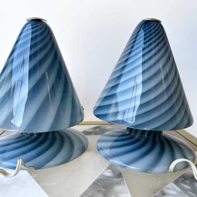 Pair of blue Murano glass lamps by La Murrina. Italy 1970. Stamped with the stamp of the manufacture. in the style of Venini, Vistosi, Mazzega Aldo Carlo Nason, Stilnovo, Joe Colombo, Arteluce, Arredoluce, Lumi, Luci, Rggiani, Sciolari, Werner Pantone, Luigi Colani, Raak, Angelo Lelii, Angelo Brotto, Esperia chandelier sconces brass 1980 mid -century modern space age metal stainless wood