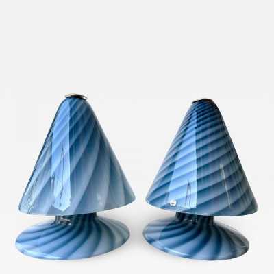 Pair of blue Murano glass lamps by La Murrina. Italy 1970. Stamped with the stamp of the manufacture. in the style of Venini, Vistosi, Mazzega Aldo Carlo Nason, Stilnovo, Joe Colombo, Arteluce, Arredoluce, Lumi, Luci, Rggiani, Sciolari, Werner Pantone, Luigi Colani, Raak, Angelo Lelii, Angelo Brotto, Esperia chandelier sconces brass 1980 mid -century modern space age metal stainless steel wood