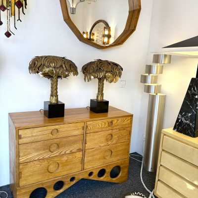 Pair of Mid-Century Modern Hollywood regency Iconic table or bedside lamps brass palm tree, black melamine base by Christian Techoueyres for Maison Jansen, one of the best model, nice patina. floor lamp 