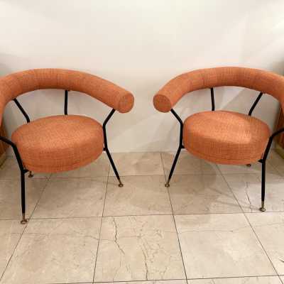 Pair of armchairs in black lacquered metal by Rito Valla for the publisher IPE Bologna. Italy 1950. reupholstered. in the style of Gio Ponti, Gianfranco Frattini, Cassina, Osvaldo Borsani, Joe Colombo, Vico Magistretti, Ico Luisa Parisi, Mario Bellini, Tito Agnoli, Afra Tobia Carlo Scarpa, Luciano Frigerio, Sporiti, Marco Zanuso, Giulio Moscatelli, Formanova.