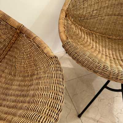 Pair of rattan and black lacquered metal armchairs by Roberto Mango. Italy 1950. in the style of Janine Abraham, Mathieu Matégot, Vivai Del Sud, Maison Jansen, Galerie Maison et Jardin, Gio Ponti, Gianfranco Frattini, Cassina, Osvaldo Borsani, Joe Colombo, Vico Magistretti, Luisa Parisi, Mario Bellini , Tito Agnoli, Afra Tobia Carlo Scarpa, Luciano Frigerio, Sporiti, Marco Zanuso, Giulio Moscatelli, Formanova. mid-century modern italy 1970 brass wood