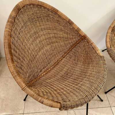 Pair of rattan and black lacquered metal armchairs by Roberto Mango. Italy 1950. in the style of Janine Abraham, Mathieu Matégot, Vivai Del Sud, Maison Jansen, Galerie Maison et Jardin, Gio Ponti, Gianfranco Frattini, Cassina, Osvaldo Borsani, Joe Colombo, Vico Magistretti, Luisa Parisi, Mario Bellini , Tito Agnoli, Afra Tobia Carlo Scarpa, Luciano Frigerio, Sporiti, Marco Zanuso, Giulio Moscatelli, Formanova. mid-century modern italy 1970 brass wood