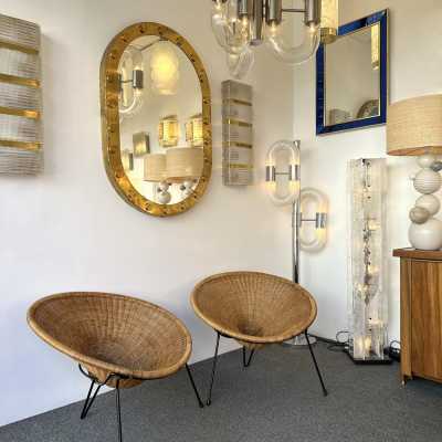 Pair of rattan and black lacquered metal armchairs by Roberto Mango. Italy 1950 in the style of Janine Abraham, Mathieu Matégot, Vivai Del Sud, Maison Jansen, Maison et Jardin Gallery, Gio Ponti, Gianfranco Frattini, Cassina, Osvaldo Borsani, Joe Colombo, Vico Magistretti, Luisa Parisi, Mario Bellini, Tito Agnoli, Afra Tobia Carlo Scarpa, Luciano Frigerio, Sporiti, Marco Zanuso, Giulio Moscatelli, Formanova. slipper chairs mid-century modern design italy 1960 1970