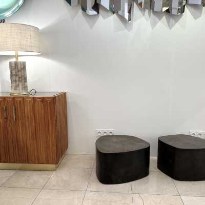 Pair of free-form pebble tables in patinated steel and concrete by Stéphane Ducatteau. France 2000. signed and dated 2008 contemporary mid-century modern design brutalist brass iron metal stainless steel side tables