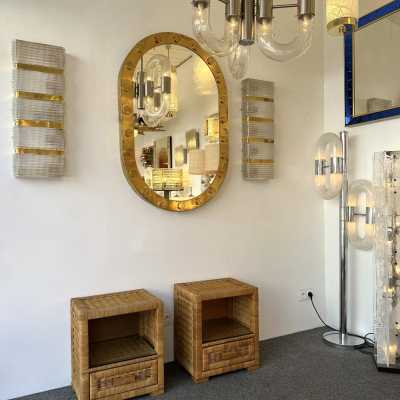 Pair of end tables or bedside tables in rattan and glass by Tito Agnoli. Italy 1970. in the style of Renato Zevi, Bonacina, Romeo Rega, Maison Jansen, Willy Rizzo, Mario Sabot. coffee table console mirror mid-century modern wood brass italy 1980