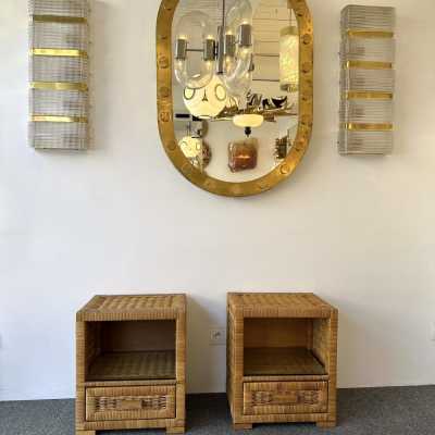 Pair of end tables or bedside tables in rattan and glass by Tito Agnoli. Italy 1970. in the style of Renato Zevi, Bonacina, Romeo Rega, Maison Jansen, Willy Rizzo, Mario Sabot. coffee table console mirror mid-century modern wood brass italy 1980