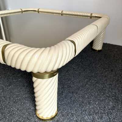 Ceramic or porcelain and brass coffee table, bronze-tinted glass top by Tommaso Barbi. Italy 1970. in the style of Frigerio, Sandro Petti, Jansen, Hollywood Regency, Romeo Rega, Mangiarotti, Willy Rizzo. side tables console metal stainless steel chrome mid-century modern hollywood regency