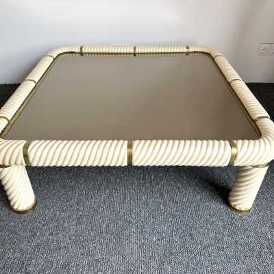 Ceramic or porcelain and brass coffee table, bronze-tinted glass top by Tommaso Barbi. Italy 1970. in the style of Frigerio, Sandro Petti, Jansen, Hollywood Regency, Romeo Rega, Mangiarotti, Willy Rizzo. side tables console metal stainless steel chrome mid-century modern hollywood regency