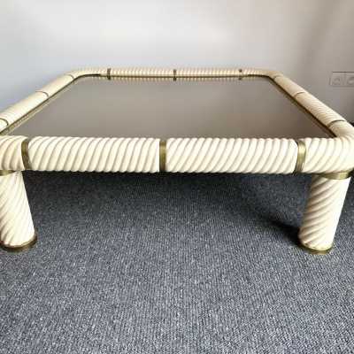 Ceramic or porcelain and brass coffee table, bronze-tinted glass top by Tommaso Barbi. Italy 1970. in the style of Frigerio, Sandro Petti, Jansen, Hollywood Regency, Romeo Rega, Mangiarotti, Willy Rizzo. side tables console metal stainless steel chrome mid-century modern hollywood regency