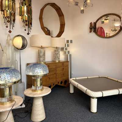 Ceramic or porcelain and brass coffee table, bronze-tinted glass top by Tommaso Barbi. Italy 1970. in the style of Frigerio, Sandro Petti, Jansen, Hollywood Regency, Romeo Rega, Mangiarotti, Willy Rizzo. side tables console metal stainless steel chrome mid-century modern hollywood regency