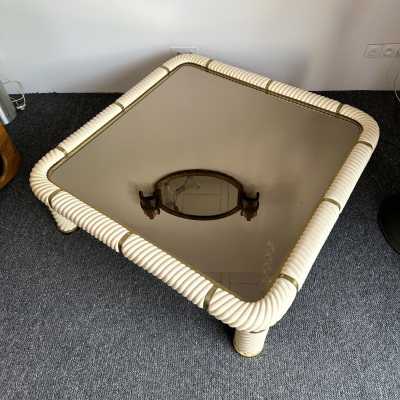 Ceramic or porcelain and brass coffee table, bronze-tinted glass top by Tommaso Barbi. Italy 1970. in the style of Frigerio, Sandro Petti, Jansen, Hollywood Regency, Romeo Rega, Mangiarotti, Willy Rizzo. side tables console metal stainless steel chrome mid-century modern hollywood regency