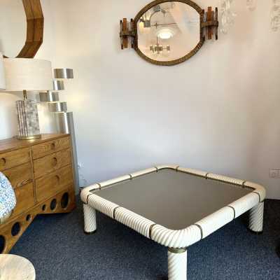 Ceramic or porcelain and brass coffee table, bronze-tinted glass top by Tommaso Barbi. Italy 1970. in the style of Frigerio, Sandro Petti, Jansen, Hollywood Regency, Romeo Rega, Mangiarotti, Willy Rizzo. side tables console metal stainless steel chrome mid-century modern hollywood regency