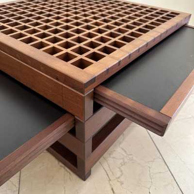 modular coffee table in wood and Formica by Bernard Vuarnesson. France 1980 in the style of Pierre Jeanneret, Chandigarh, Le Corbusier, Jean Prouvé, Charlotte Perriand, Gio Ponti. mid-century modern italy 1970 console end tables