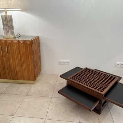 modular coffee table in wood and Formica by Bernard Vuarnesson. France 1980 in the style of Pierre Jeanneret, Chandigarh, Le Corbusier, Jean Prouvé, Charlotte Perriand, Gio Ponti. mid-century modern italy 1970 console end tables