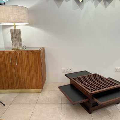 modular coffee table in wood and Formica by Bernard Vuarnesson. France 1980 in the style of Pierre Jeanneret, Chandigarh, Le Corbusier, Jean Prouvé, Charlotte Perriand, Gio Ponti. mid-century modern italy 1970 console end tables