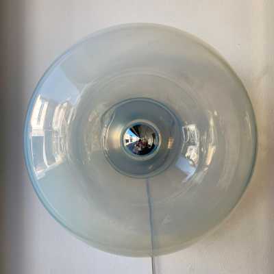 Pair of opal blown glass and metal wall lights by Giusto Toso for Leucos. Italy 1970. in the style of Biancardi Jordan Arte, Poliarte, Carlo Aldo Nason, Mazzega Murano, Venini, Vistosi, La Murrina. wall lights lamps sconces ceiling chandelier brass metal chrome stainless steel mid-century modern space age