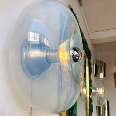 Pair of opal blown glass and metal wall lights by Giusto Toso for Leucos. Italy 1970. in the style of Biancardi Jordan Arte, Poliarte, Carlo Aldo Nason, Mazzega Murano, Venini, Vistosi, La Murrina. wall lights lamps sconces ceiling chandelier brass metal chrome stainless steel mid-century modern space age