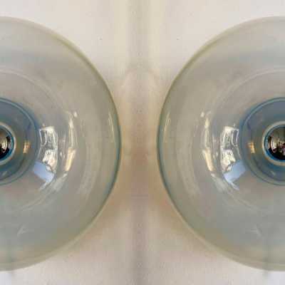 Pair of opal blown glass and metal wall lights by Giusto Toso for Leucos. Italy 1970. in the style of Biancardi Jordan Arte, Poliarte, Carlo Aldo Nason, Mazzega Murano, Venini, Vistosi, La Murrina. wall lights lamps sconces ceiling chandelier brass metal chrome stainless steel mid-century modern space age