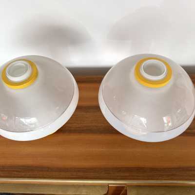 Mid-Century Modern Space Age Pair of mushroom table or bedside lamps Murano glass and yellow lacquered metal details by F. Fabbian. Famous design like Carlo Aldo Nason for Mazzega, Venini, Vistosi, La Murrina, Poliarte, Stilnovo, Arteluce, Arredoluce, Angelo Brotto for Esperia, Fontana Arte, Cristal Art. brass metal wood 1960s 1950s