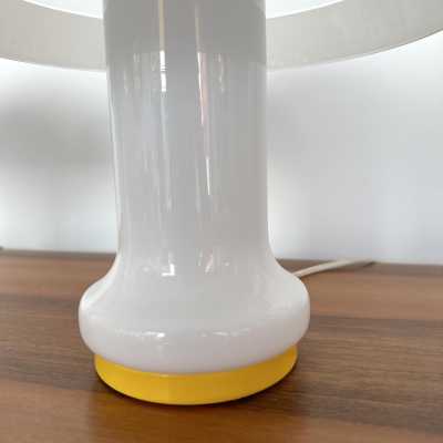 Mid-Century Modern Space Age Pair of mushroom table or bedside lamps Murano glass and yellow lacquered metal details by F. Fabbian. Famous design like Carlo Aldo Nason for Mazzega, Venini, Vistosi, La Murrina, Poliarte, Stilnovo, Arteluce, Arredoluce, Angelo Brotto for Esperia, Fontana Arte, Cristal Art. brass metal wood 1960s 1950s