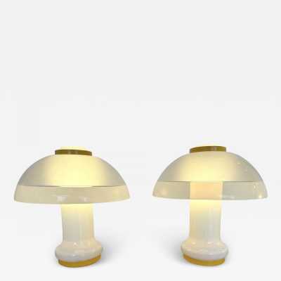 Mid-Century Modern Space Age Pair of mushroom table or bedside lamps Murano glass and yellow lacquered metal details by F. Fabbian. Famous design like Carlo Aldo Nason for Mazzega, Venini, Vistosi, La Murrina, Poliarte, Stilnovo, Arteluce, Arredoluce, Angelo Brotto for Esperia, Fontana Arte, Cristal Art. brass metal wood 1960s 1950s