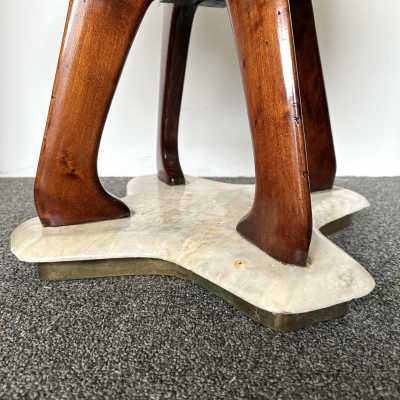 Mid-Century Modern Pair of stools in wood, brass and marble base. New upholstery looped fabric. Famous design like Pier Luigi Colli, Mascagni, Cesare Lacca, Vittorio Dassi, Osvaldo Borsani, Gianfranco Frattini, Ico Parisi, Gio Ponti, Cassina, Carlo de Carli, Fontana Arte. brass, metal, 1960s 1970s 1980s space age