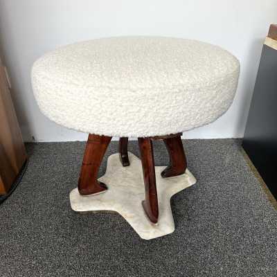 Mid-Century Modern Pair of stools in wood, brass and marble base. New upholstery looped fabric. Famous design like Pier Luigi Colli, Mascagni, Cesare Lacca, Vittorio Dassi, Osvaldo Borsani, Gianfranco Frattini, Ico Parisi, Gio Ponti, Cassina, Carlo de Carli, Fontana Arte. brass, metal, 1960s 1970s 1980s space age