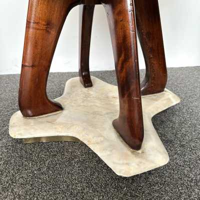 Mid-Century Modern Pair of stools in wood, brass and marble base. New upholstery looped fabric. Famous design like Pier Luigi Colli, Mascagni, Cesare Lacca, Vittorio Dassi, Osvaldo Borsani, Gianfranco Frattini, Ico Parisi, Gio Ponti, Cassina, Carlo de Carli, Fontana Arte. brass, metal, 1960s 1970s 1980s space age
